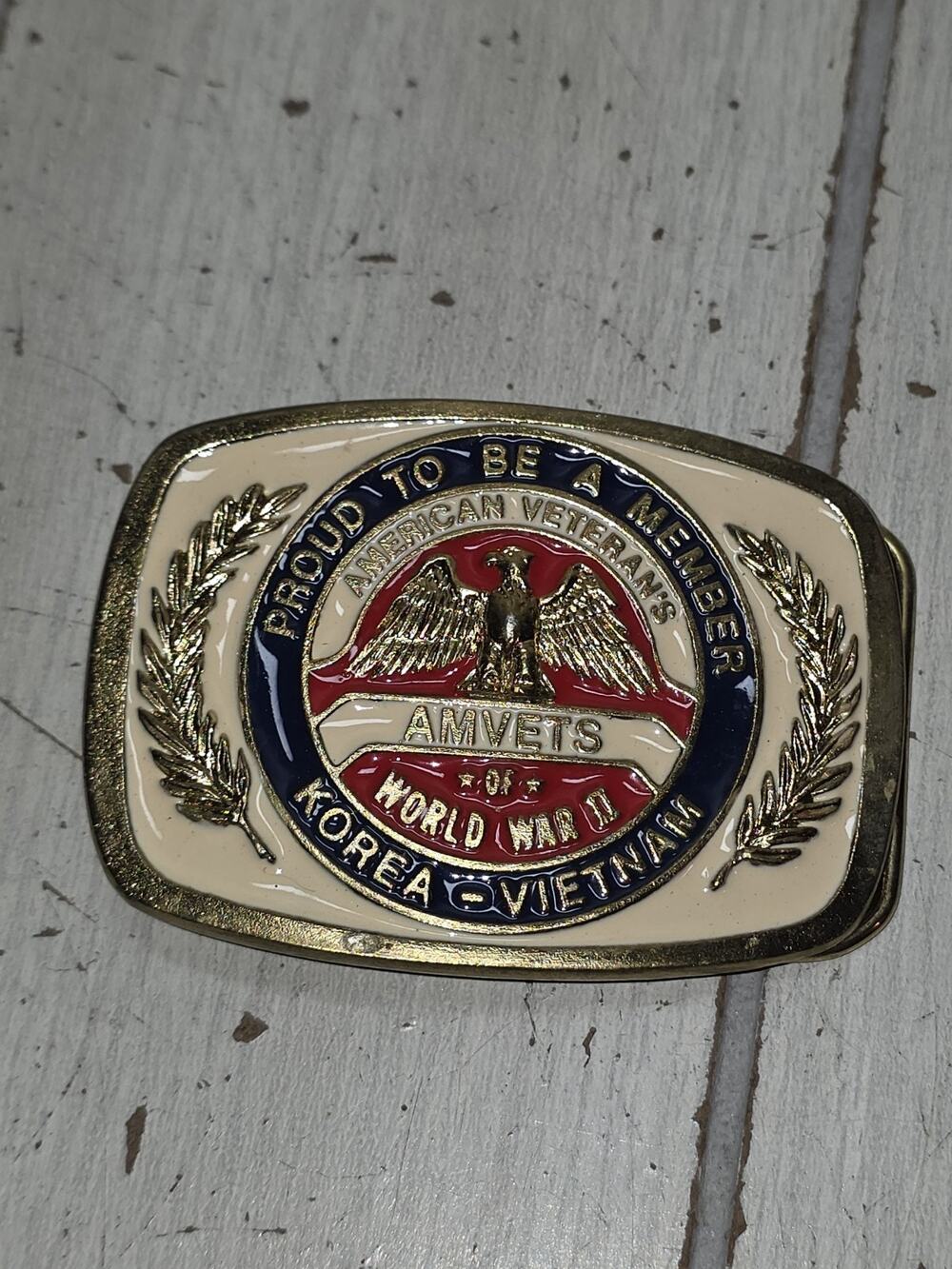 Vtg American Veterans World War II AMVETS Belt Buckle Collectible Enamel Brass